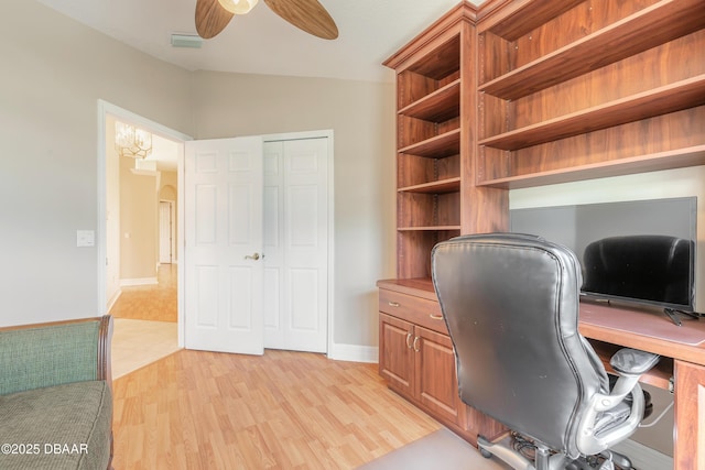 unfurnished office featuring ceiling fan and light wood-type flooring