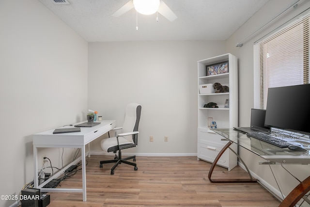 home office featuring ceiling fan and light wood-type flooring