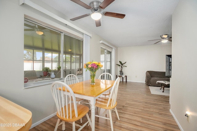 dining area with ceiling fan, a textured ceiling, and light hardwood / wood-style floors