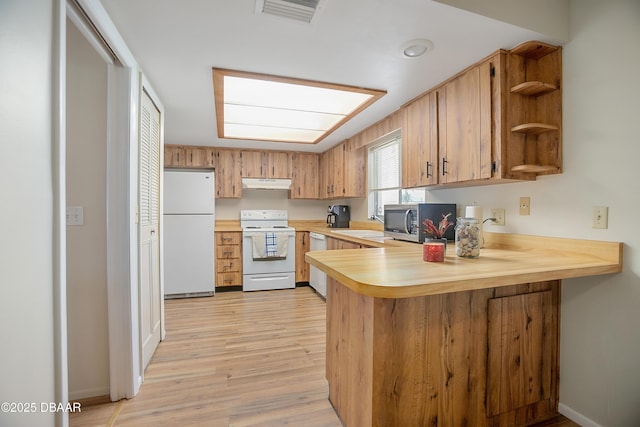 kitchen featuring sink, white appliances, light hardwood / wood-style floors, and kitchen peninsula