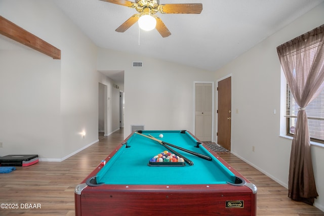 playroom with vaulted ceiling, billiards, ceiling fan, and light wood-type flooring