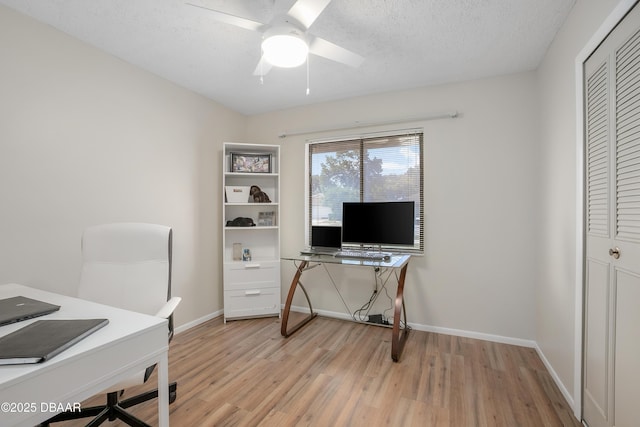 office space featuring ceiling fan, a textured ceiling, and light hardwood / wood-style floors