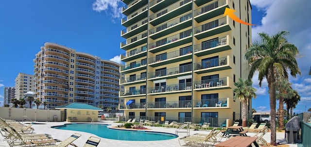 view of swimming pool with a patio area