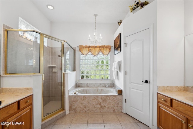 bathroom featuring a chandelier, tile patterned flooring, vanity, and independent shower and bath