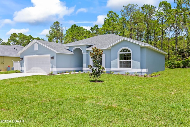 ranch-style house with a front lawn and a garage