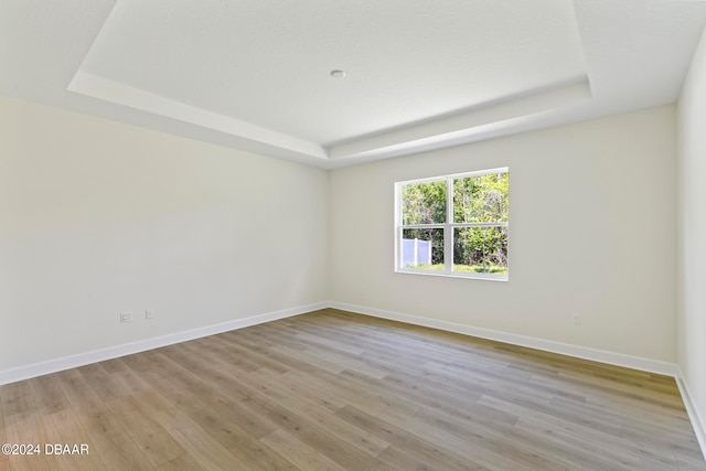 empty room featuring light wood-type flooring and a raised ceiling