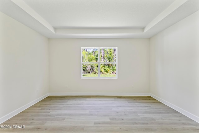 unfurnished room featuring light hardwood / wood-style floors and a raised ceiling