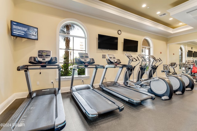 exercise room with ornamental molding and a tray ceiling