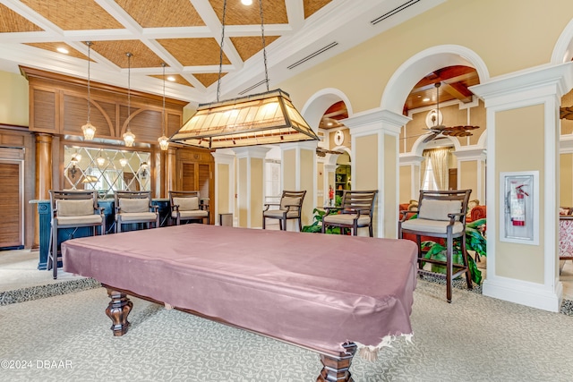 rec room with ornate columns, carpet floors, coffered ceiling, billiards, and beamed ceiling