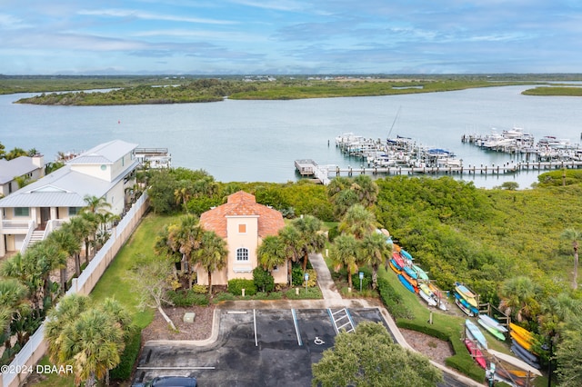 aerial view featuring a water view