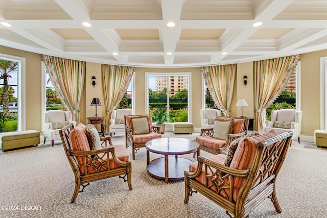 sunroom / solarium featuring coffered ceiling and beam ceiling