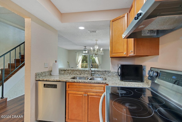 kitchen featuring sink, stainless steel dishwasher, ventilation hood, dark wood-type flooring, and black electric range oven