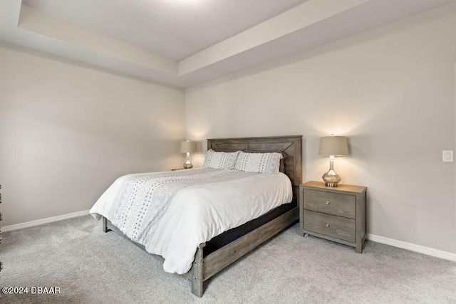 carpeted bedroom featuring a tray ceiling