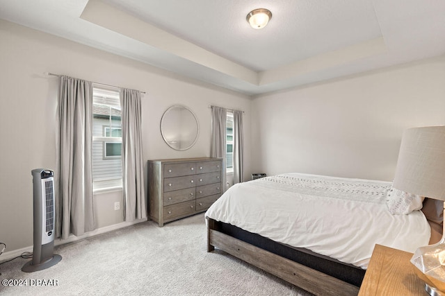 carpeted bedroom with a tray ceiling and multiple windows