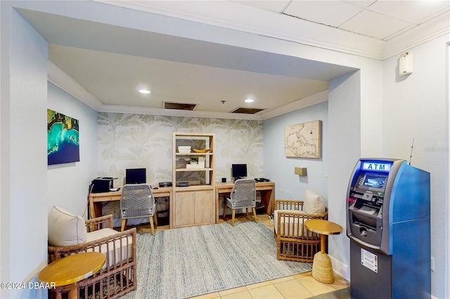 tiled office with crown molding