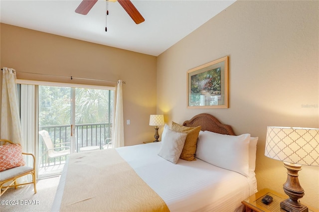 bedroom featuring access to exterior and ceiling fan