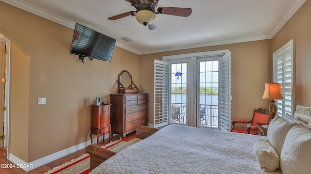 bedroom with access to outside, wood-type flooring, ceiling fan, and crown molding