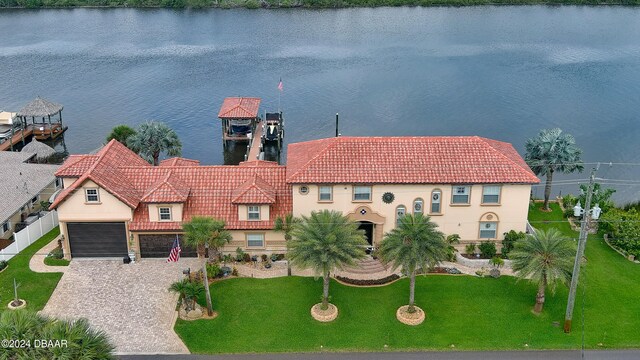 aerial view featuring a water view