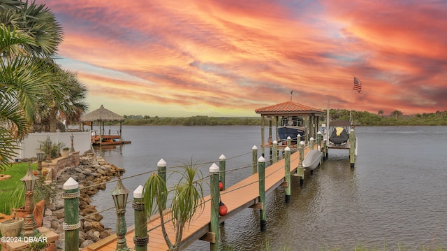 view of dock with a water view