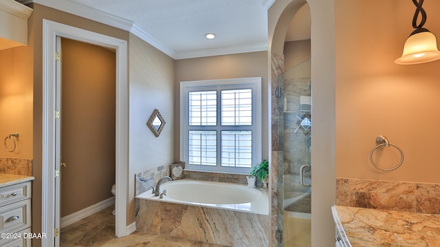 full bathroom with vanity, toilet, separate shower and tub, and crown molding