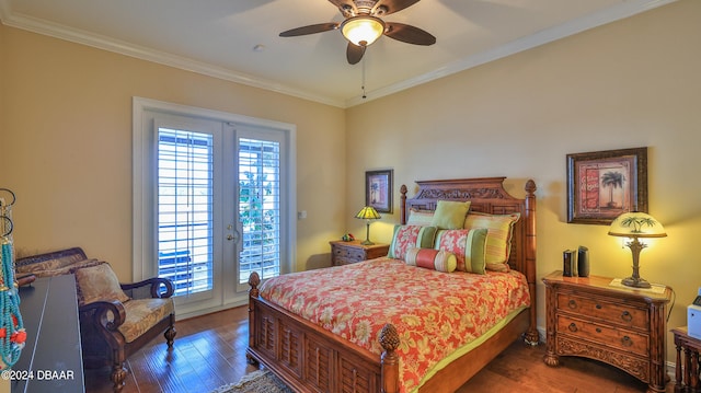 bedroom featuring dark hardwood / wood-style flooring, access to outside, multiple windows, and ceiling fan