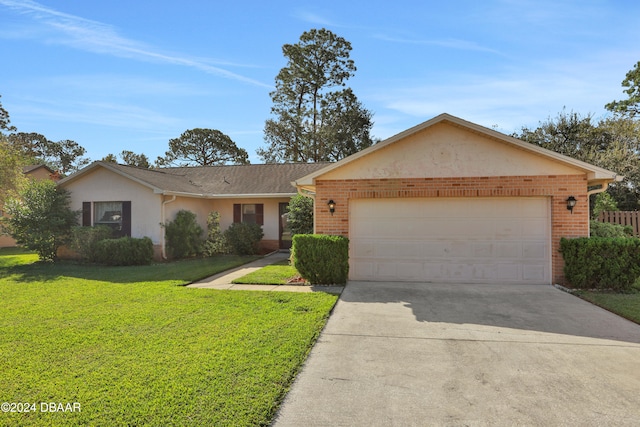 ranch-style house with a front yard and a garage