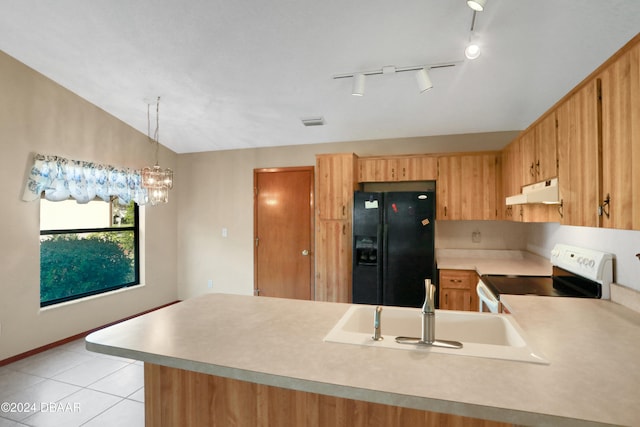 kitchen with sink, black refrigerator with ice dispenser, decorative light fixtures, white electric range, and vaulted ceiling