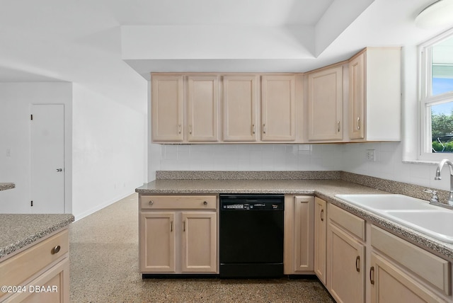 kitchen featuring decorative backsplash, sink, light brown cabinets, and black dishwasher