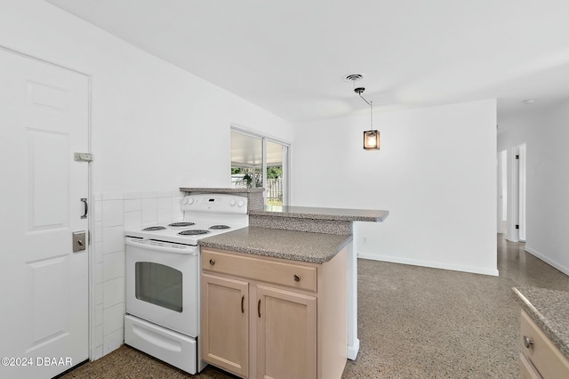 kitchen with kitchen peninsula, light brown cabinetry, white range with electric stovetop, and pendant lighting