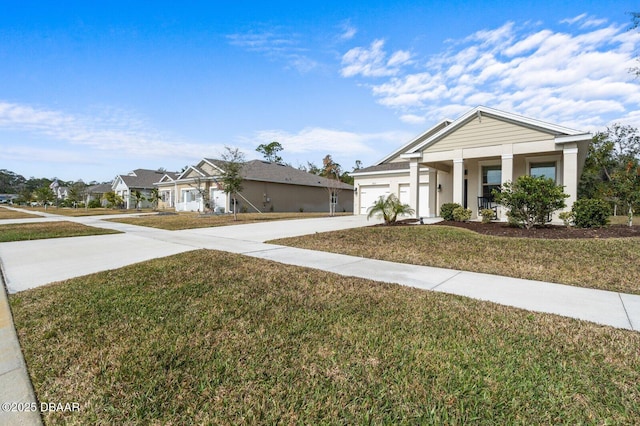 view of front facade with driveway, covered porch, a garage, and a front lawn