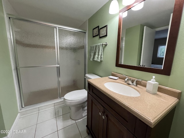bathroom featuring tile patterned flooring, a shower stall, toilet, and vanity