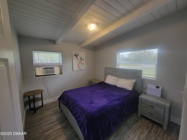 bedroom with vaulted ceiling with beams, cooling unit, wood finished floors, wood ceiling, and baseboards