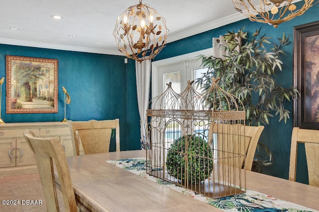 dining room with a chandelier, french doors, and crown molding