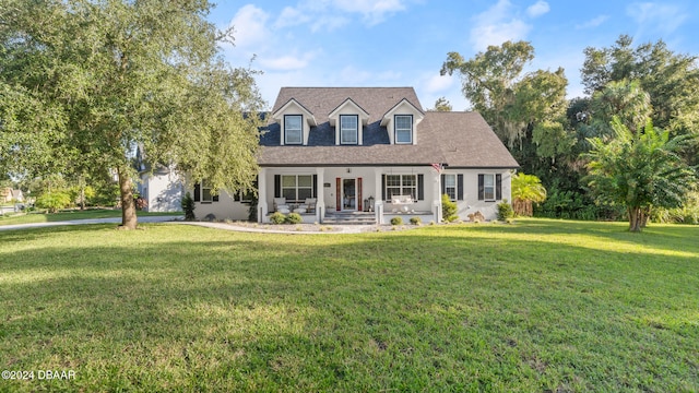 cape cod house with a front yard and a porch