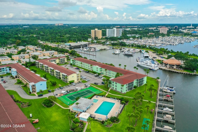 birds eye view of property featuring a water view