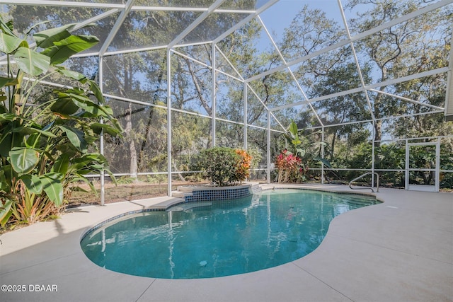 view of swimming pool with a patio area and glass enclosure