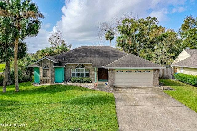 ranch-style home with a garage and a front lawn