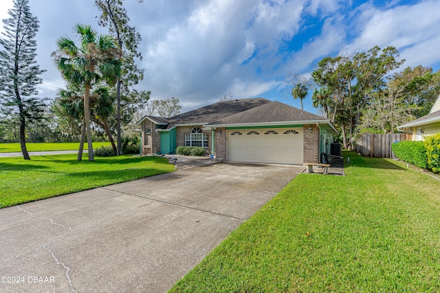 single story home featuring a garage and a front lawn