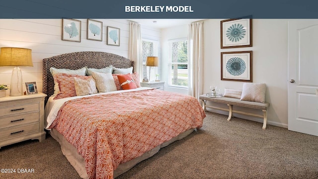 bedroom featuring carpet floors and wooden walls