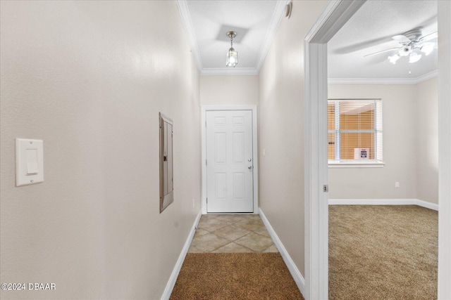 corridor with ornamental molding and light colored carpet