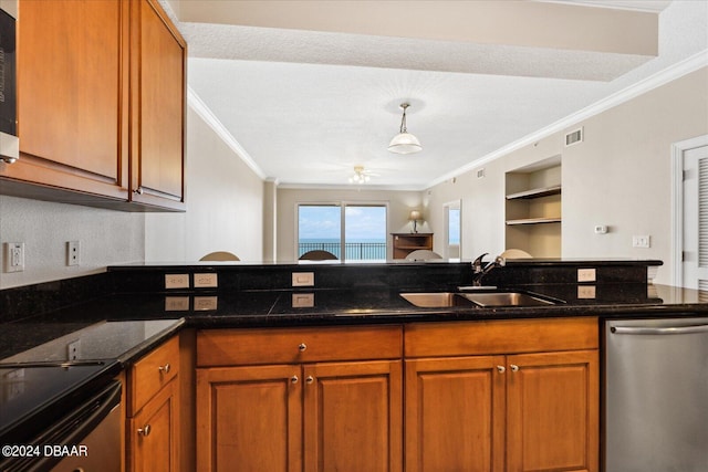 kitchen with stainless steel appliances, sink, and crown molding