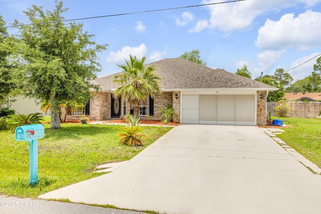 20 Potters Ln, Palm Coast, FL 32164 - ranch-style house with a garage, concrete driveway, roof with shingles, and brick siding