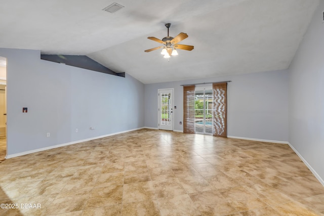20 Potters Ln, Palm Coast, FL 32164 - empty room with ceiling fan, lofted ceiling, and baseboards
