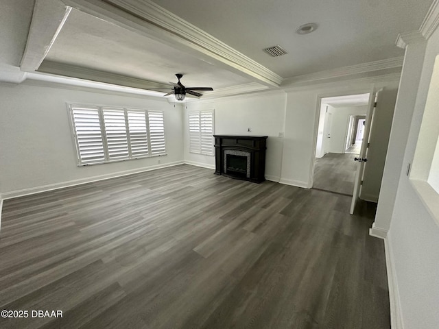 unfurnished living room featuring a ceiling fan, dark wood-style flooring, visible vents, ornamental molding, and a premium fireplace