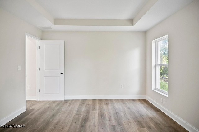 unfurnished room with hardwood / wood-style floors, plenty of natural light, and a raised ceiling