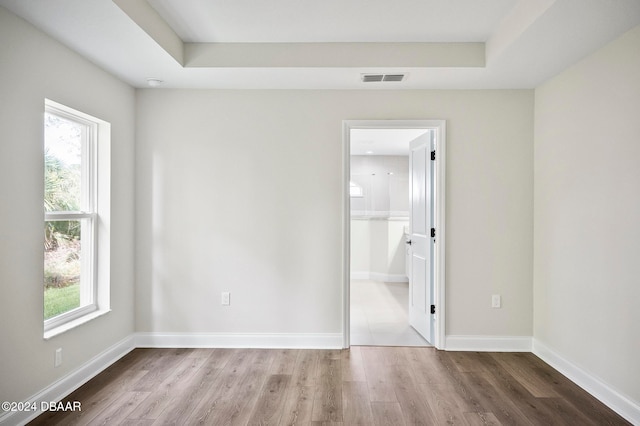 empty room with light hardwood / wood-style flooring, a tray ceiling, and plenty of natural light