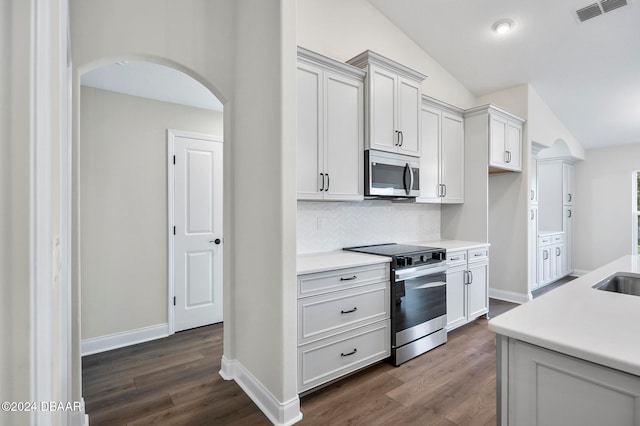 kitchen with stainless steel appliances, decorative backsplash, dark wood-type flooring, and vaulted ceiling