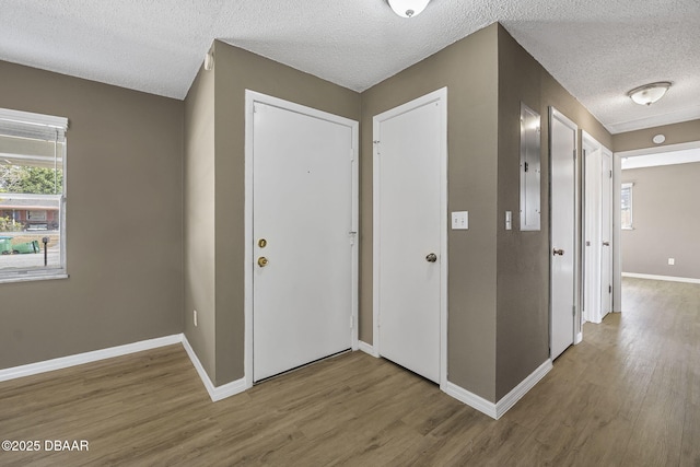 foyer entrance featuring hardwood / wood-style floors and a textured ceiling