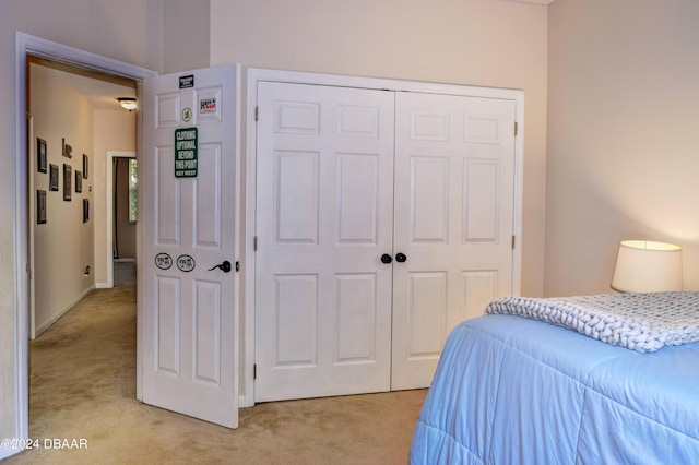 bedroom featuring a closet and light colored carpet