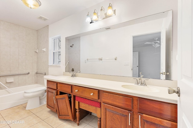 full bathroom featuring tile patterned flooring, toilet, ceiling fan, vanity, and tiled shower / bath combo